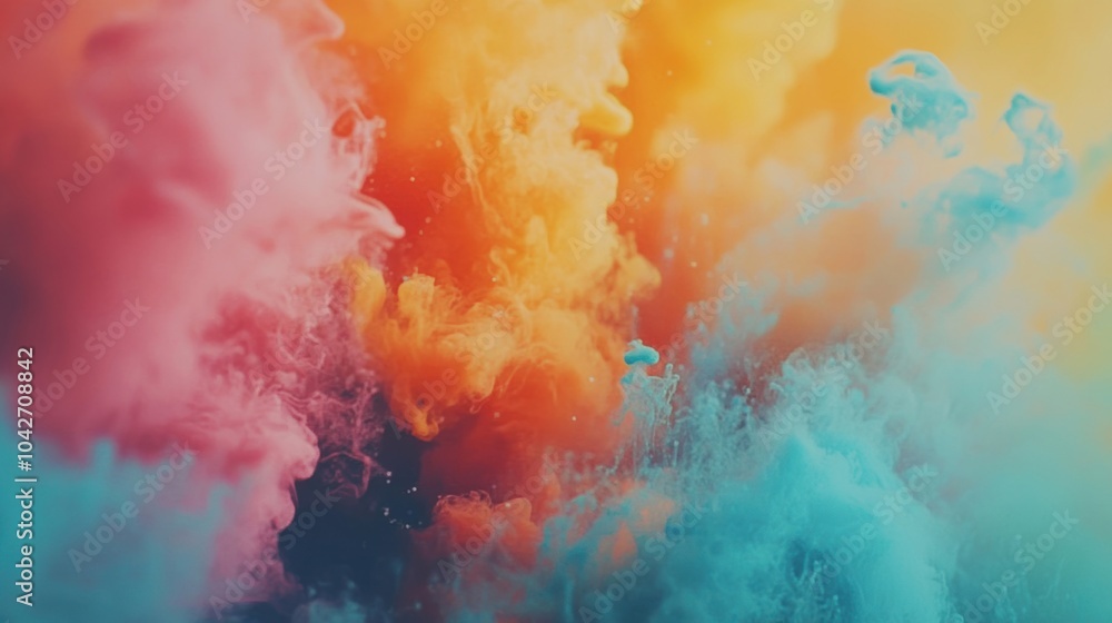Poster brightly colored ink clouds burst and intertwine underwater, creating a stunning spectacle of vibran