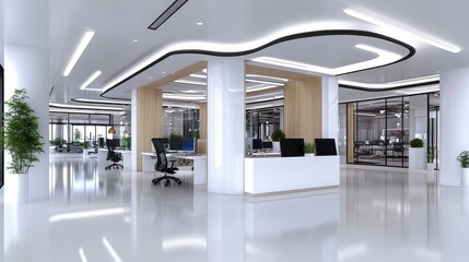 Contemporary Urban Office Interior Design Featuring Open Spaces and Modern Aesthetics for Enhanced Work Environment
