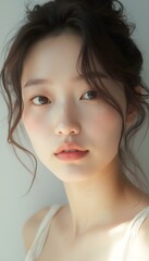 Naklejka premium Luminous, Youthful, Flawless Complexion - Natural Skincare Radiance in a Captivating Portrait for skincare advertising model