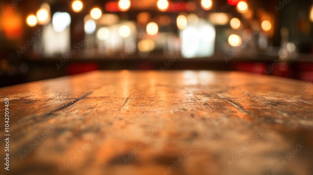 Poster the rustic wooden bar counter stands empty, illuminated softly by warm lights in a cozy pub setting