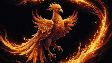 A fiery phoenix bird with orange and yellow plumage stands within a swirling ring of fire against a black background.