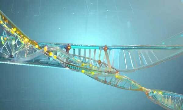 Zoom shot with DNA sequencing and base pairing: The camera starts with a view of DNA sequencing equipment. The camera zooms in to show base pairing interactions and the detailed sequence readout.