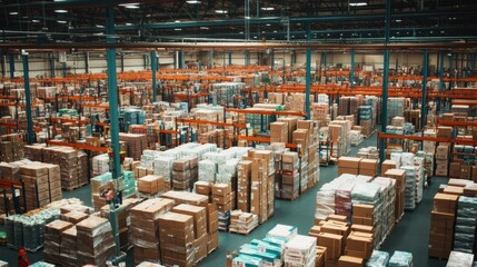 An expansive warehouse facility packed with a diverse array of goods, illustrating the complexity and scale of global logistics networks, photography style