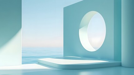 Abstract Minimalist Interior with Ocean View and Circular Window