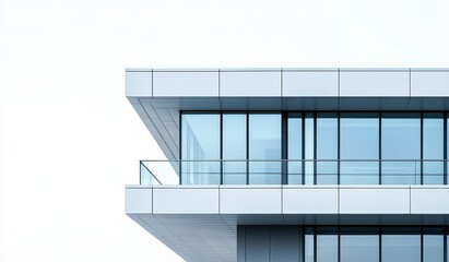 Modern building with a balcony and large windows against a white sky.