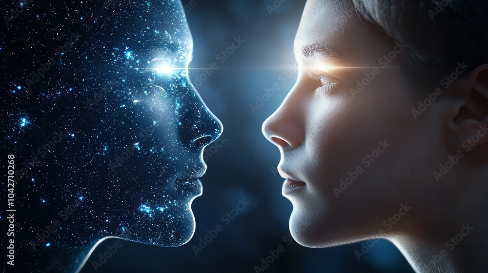 Poster exploring the duality of humanity and technology a cosmic encounter between a human and a digital en