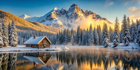 A rustic cabin nestled amidst a snowy forest, reflecting in a tranquil lake as the golden light of dawn paints the sky and mountain peaks with a serene beauty.