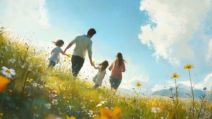 A joyful family picking wildflowers during a leisurely walk in a sunny meadow.