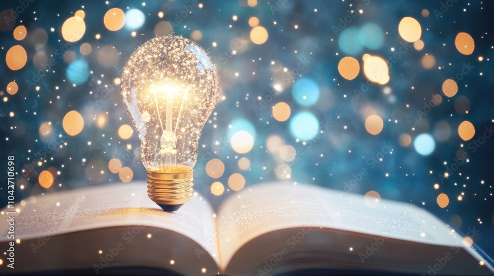 Poster a bright light bulb shines above an open book, casting light in a dreamy setting filled with sparkli