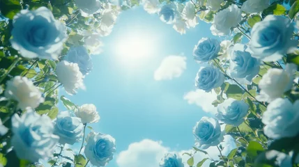Blue roses against spring sky with blooming flower edges. © Postproduction