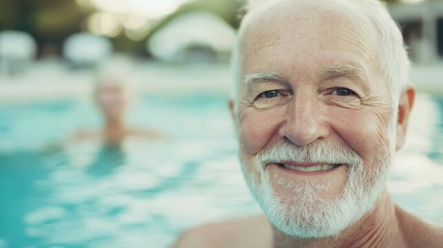 Seniors engage in lively conversations and laughter while swimming together in a pool under sunny skies, creating joyful memories