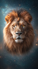 Fototapeta premium Majestic cosmic lion a stunning portrait of nature's king against a galactic background