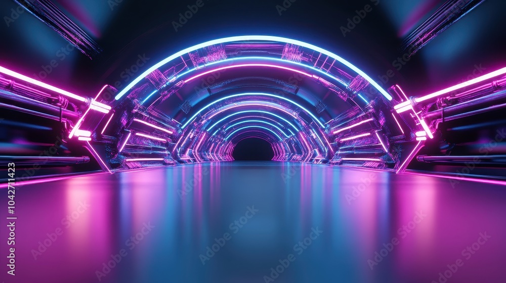 Aufkleber neon glowing lines illuminate a dark tunnel with reflections a sci-fi journey into the unknown