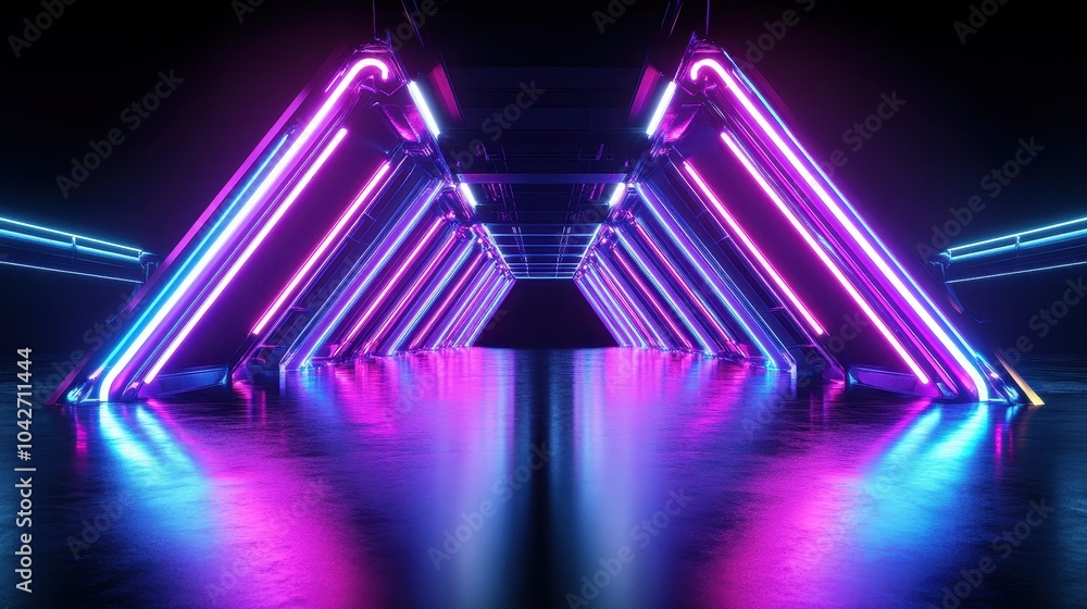 Poster exploring a sci-fi neon tunnel glowing lines and reflections in darkness