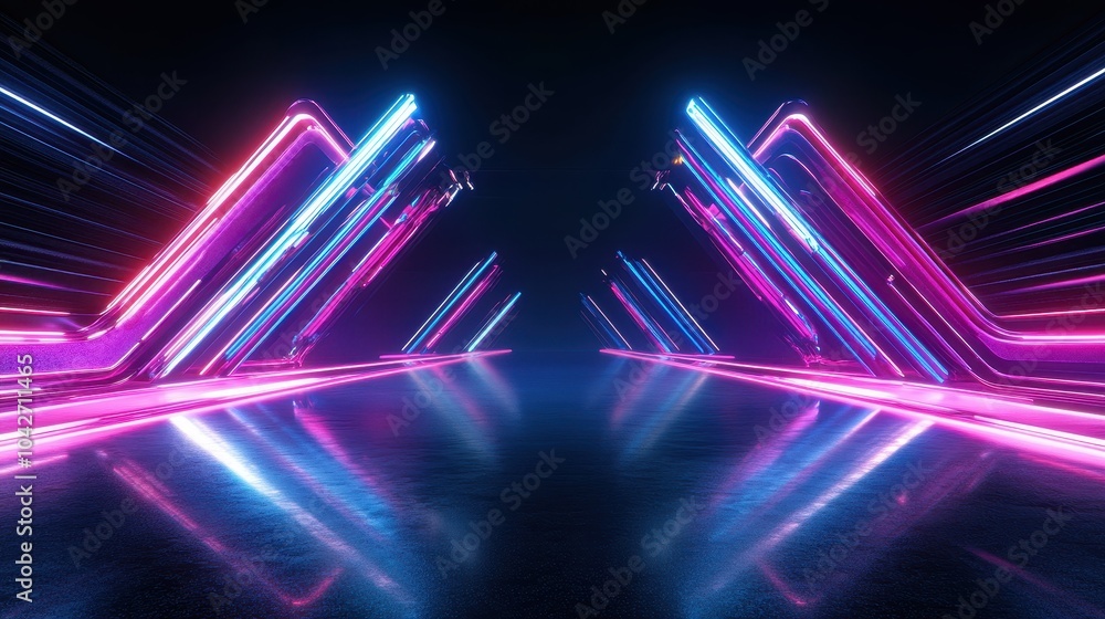 Poster futuristic sci-fi tunnel with neon glowing lines and reflections in a dark space environment