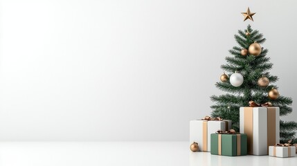 A decorated Christmas tree, holiday element, minimalist illustration, soft tones, isolated on white background ,clean background