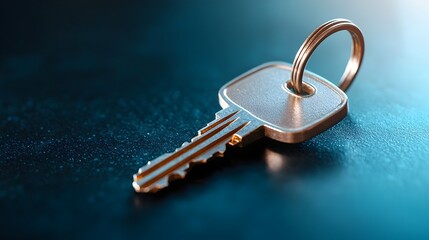 Softly Illuminated Key on Dark Surface Exuding Gentle Elegance and Mystique   A close up shot of a metallic key bathed in soft blue light its surface glistening slightly as shadows form around it
