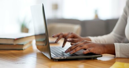 Student, laptop and hands of girl in home office for research assignment, college thesis and online portal. Education, typing and elearning with closeup of person for university, school and project