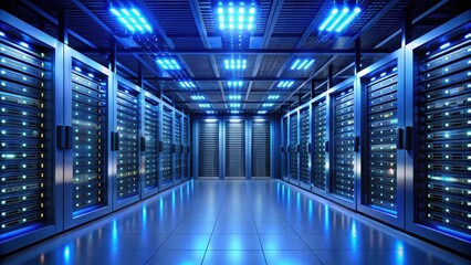 Fototapeta premium Countless modern server cabinets in a render farm. Dark, blue futuristic room, server cabinets, render farm, modern