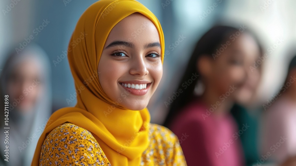 Poster a group of smiling students in hijabs engage in group study, sharing ideas and fostering a supportiv