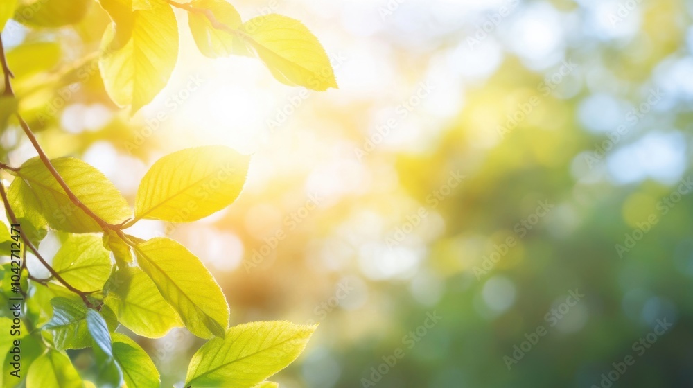 Poster sunlight streams through lush green leaves, creating a warm and tranquil atmosphere in the forest