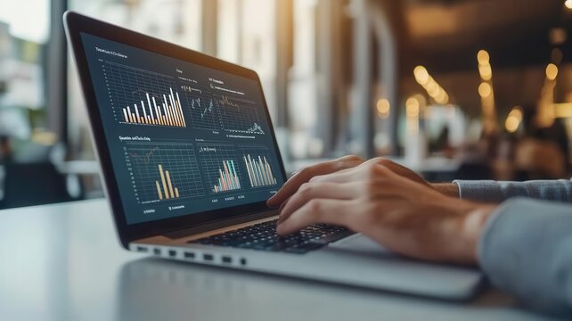 Entrepreneur analyzing e-commerce financial models on a laptop, data charts and graphs displayed, modern office setting