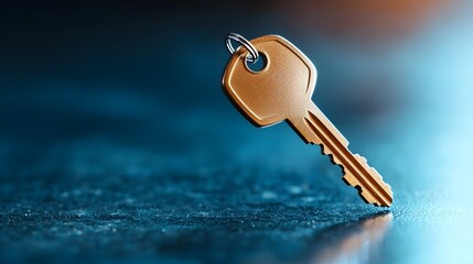 A lone key illuminated by a soft blue light casting subtle reflections and shadows evoking a sense of mystery and intrigue  The metallic surface reflects the warm glow