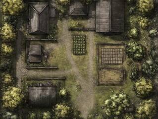Stunning Bird’s-Eye View of a Rural Farm Landscape: Perfect Poster for Home or Office Decor, Showcasing Traditional and Modern Agriculture Amidst Lush Trees and Cultivation Fields