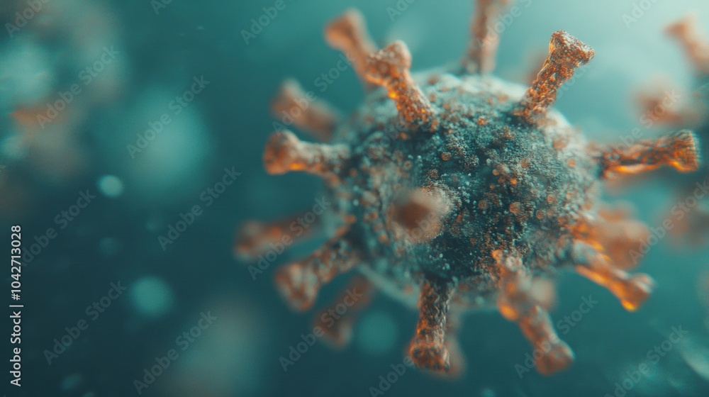 Poster a detailed microscopic view reveals the complex structure and features of a virus, showcasing its un