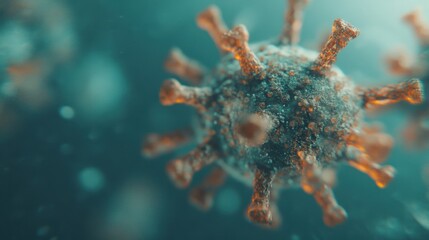 A detailed microscopic view reveals the complex structure and features of a virus, showcasing its unique morphology and surface characteristics