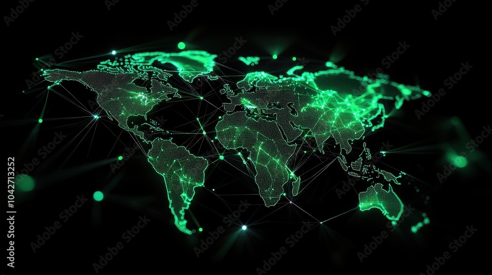 Aufkleber digital illustration of a global supply chain network represented on a world map with neon green con