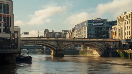 Naklejka premium Stone Arch Bridge Over River in Urban Cityscape