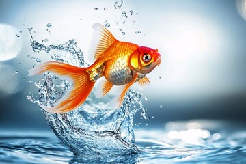 A vibrant goldfish leaps gracefully from the water, creating a splash against a soft, blurred blue background.