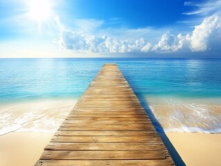 Obraz premium A serene wooden pier extending into a calm blue ocean, surrounded by a clear sky and soft clouds, evoking tranquility and natural beauty.