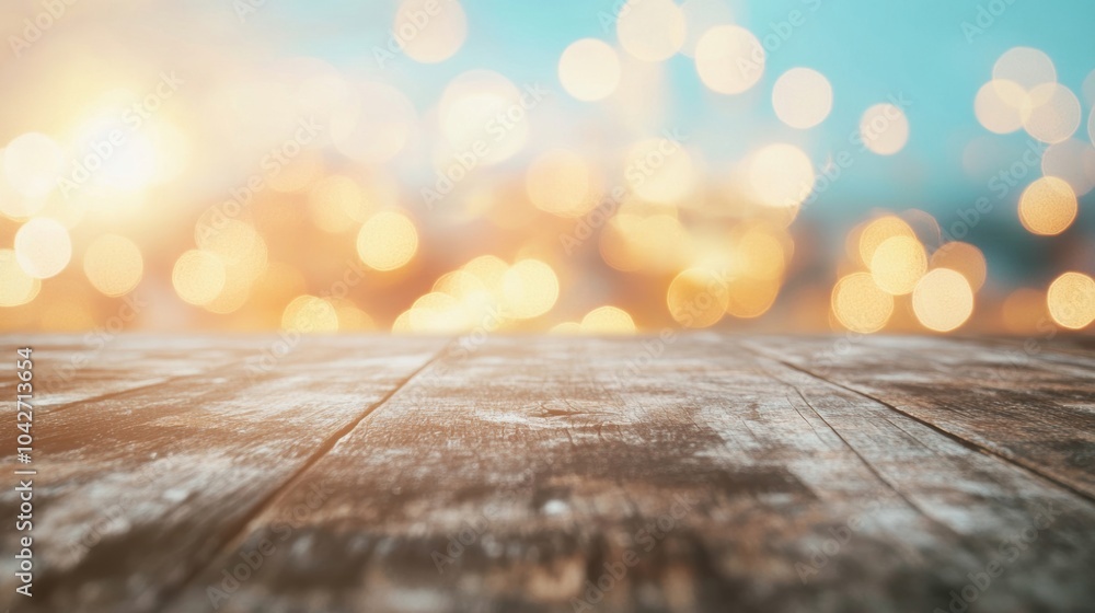 Poster a rustic wooden table showcases a mesmerizing bokeh lights background, setting a festive mood for ga