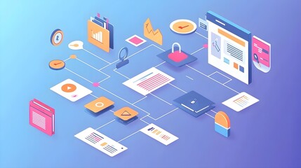 Isometric 3D Illustration of a Data Network Diagram