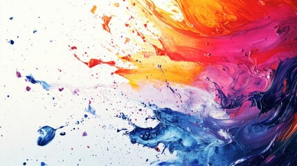 An explosion of dynamic, colorful paint splashes merging into a cohesive abstract design, vibrant and spontaneous