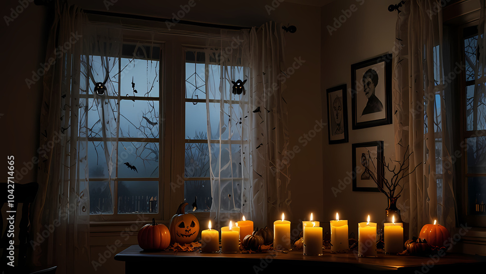 Wall mural curtains with a halloween-themed painting, featuring spooky designs such as ghosts, bats, and dark t