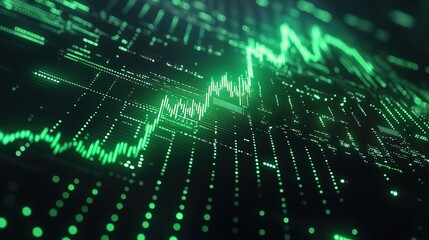 A digital stock market chart with rising green lines, symbolizing market growth
