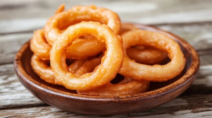 Fototapeta premium Crispy Onion Rings on Wooden Bowl