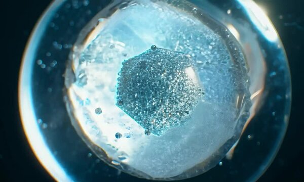 Zoom shot with high-contrast lighting: The camera starts with a zoom-in on a single micro-particle embedded in a translucent surface. The camera&rsquo;s focus sharpens, revealing the particle&rsquo;s detailed sur