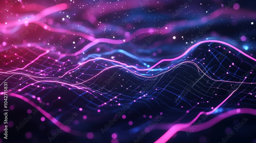 Poster perspective grid abstract retro background created with dynamic lines and dots in a vibrant color pa