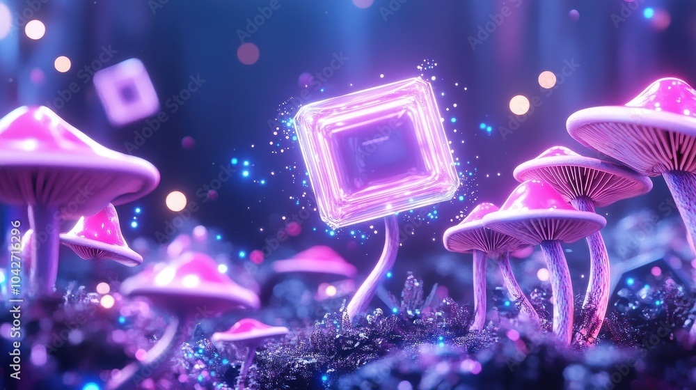 Poster mesmerizing rendering of an abstract geometric background with neon elements amidst enchanted flora