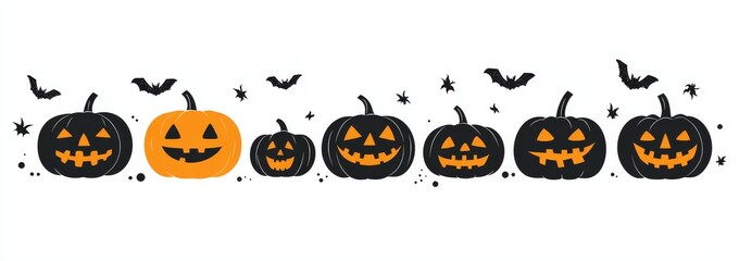 Row of Halloween Pumpkins Silhouette Vector Background, Simple Black and Orange Design, White Isolated Background.