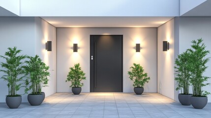 Modern house entrance with black door, potted plants, and warm lights.