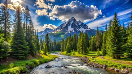 Obraz premium A winding river meanders through a lush valley, flanked by towering evergreen trees and a majestic snow-capped mountain peak, bathed in the warm glow of the setting sun.