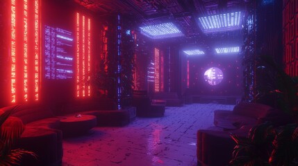 Cyberpunk Oasis - Cozy Resting Spot in a Stylish Lounge with Warm Lighting and Digital Art Installations, Ultra-Detailed Digital Illustration