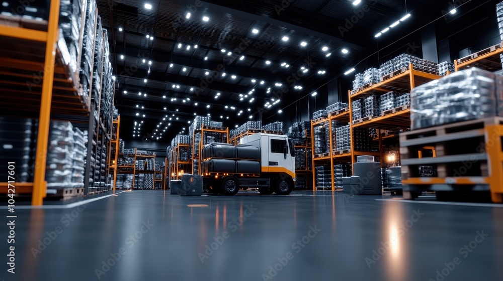 Poster exploring a spacious warehouse setting filled with pallets and transport vehicles in a generative st