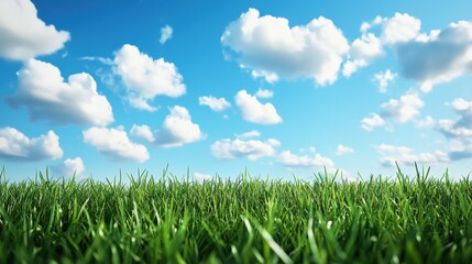 Fototapeta premium Serene Countryside Landscape with Vibrant Green Grass and Fluffy Clouds in Blue Sky