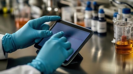 Hands wearing gloves using a tablet to monitor influenza drug trials, modern research facility